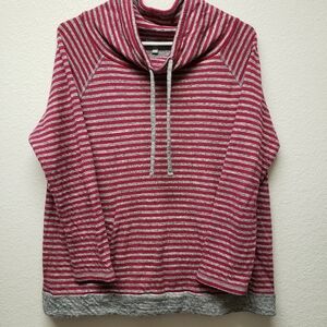 Talbots Med pullover soft cotton Sweat shirt red gray striped hand warmer Pouch